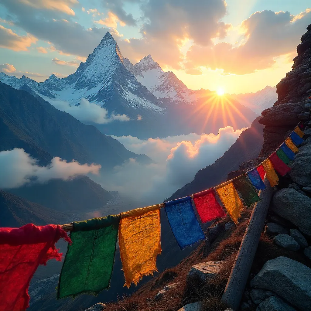 Prayers and Peaks: Himalayan Sunrise Over Nepal