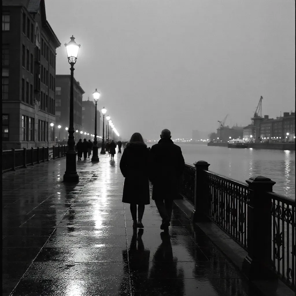Two Walkers on a Noir Riverside Promenade