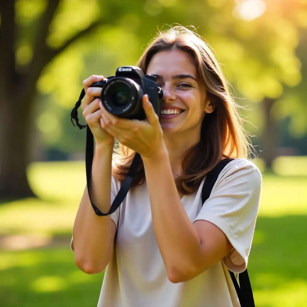 Smiling Photographer Outdoors with DSLR