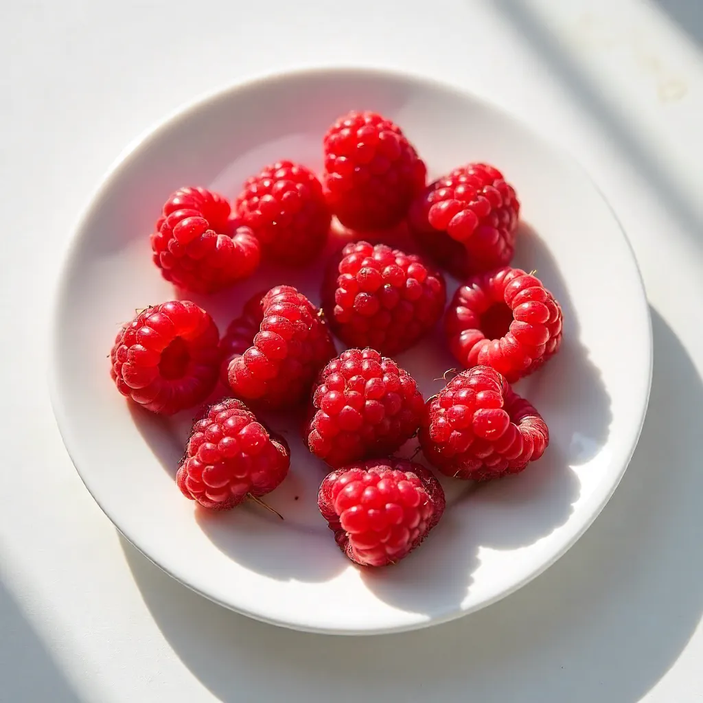 Sunlit Raspberry Scatter on White Plate
