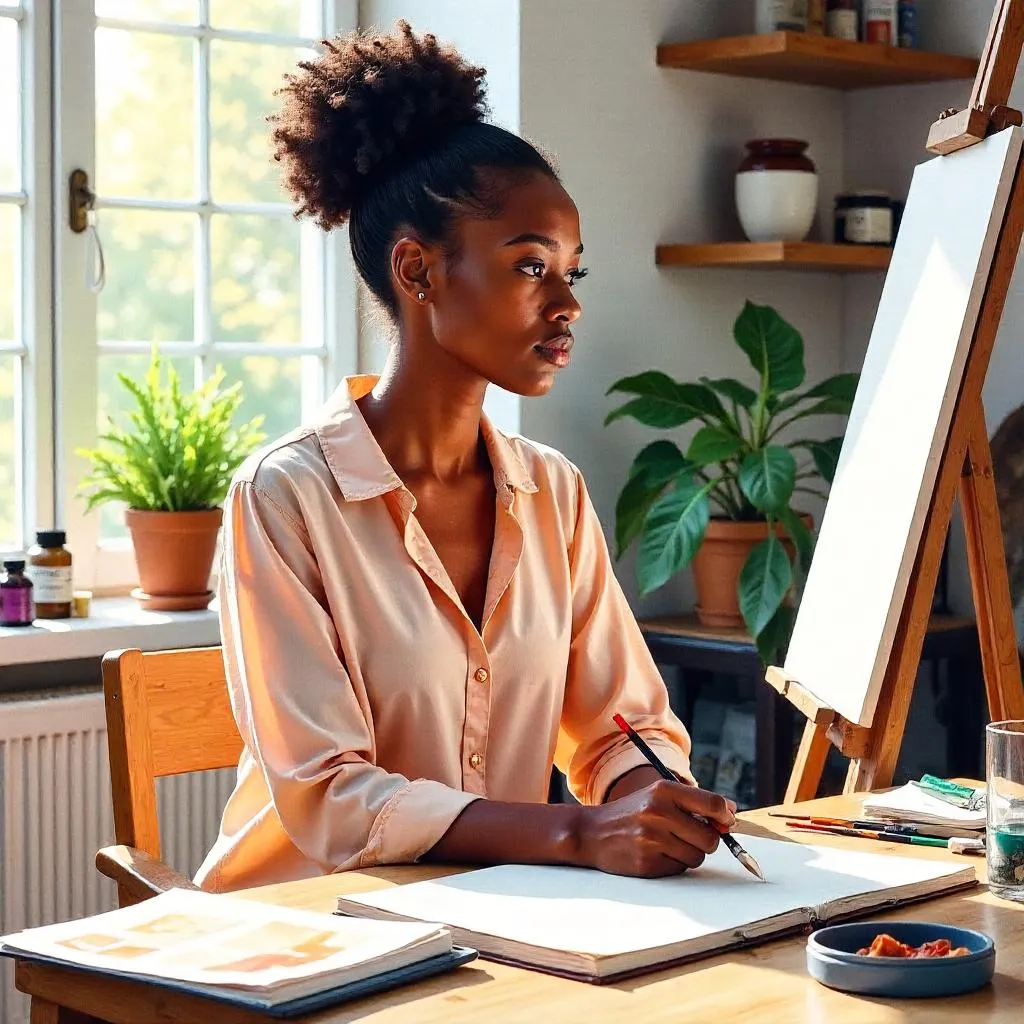 Sunlit Studio Watercolor Portrait of a Young Black Woman