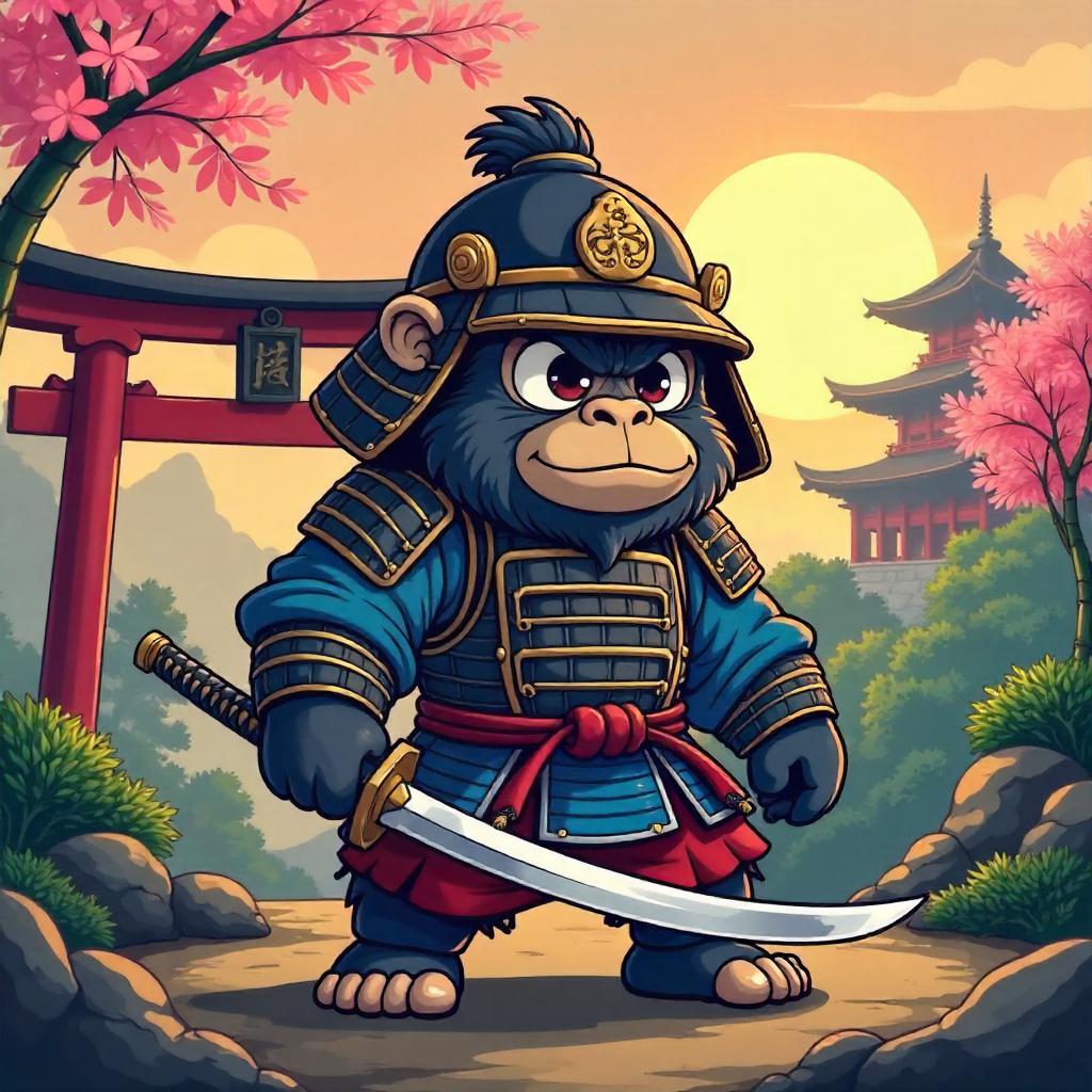 Gorilla Samurai in Feudal Japan — Cartoon Style