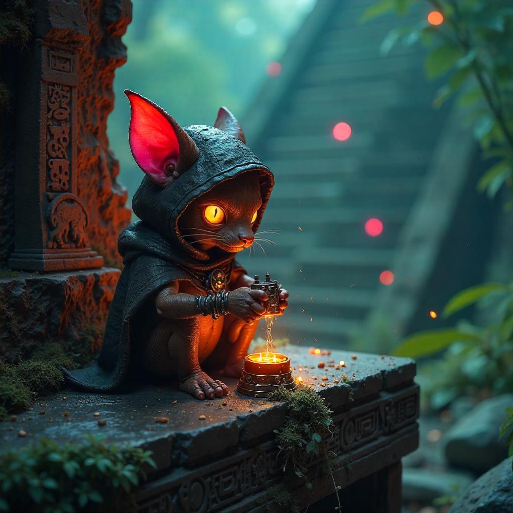 Neon Brownie at Mayan Ruins: A Cyberpunk Scene