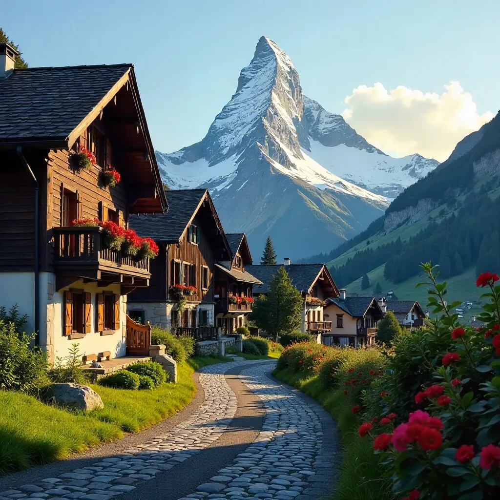 Matterhorn View with Rustic Zermatt Chalets at Golden Hour