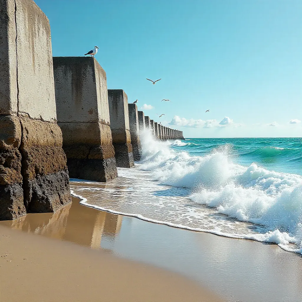 Sunny Breakwater Waves Splashing on Concrete Seawalls