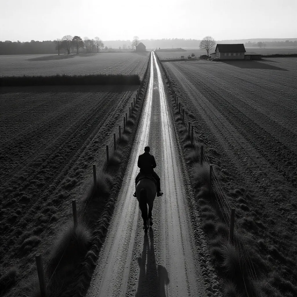 Aerial Noir: Man on Horse on Rural Dirt Road