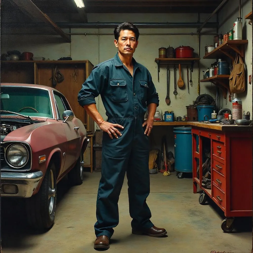 Confident Asian Man in a Garage Oil Painting