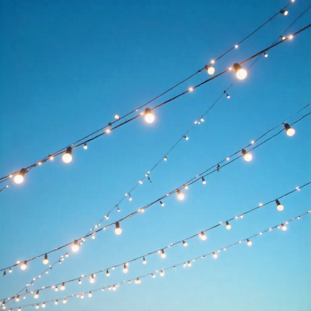 Diagonal String Lights Over Blue Sky: Minimal Geometry
