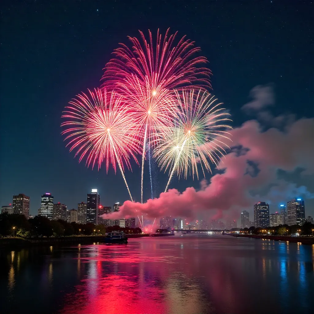 Vibrant Fireworks Over Night Skyline