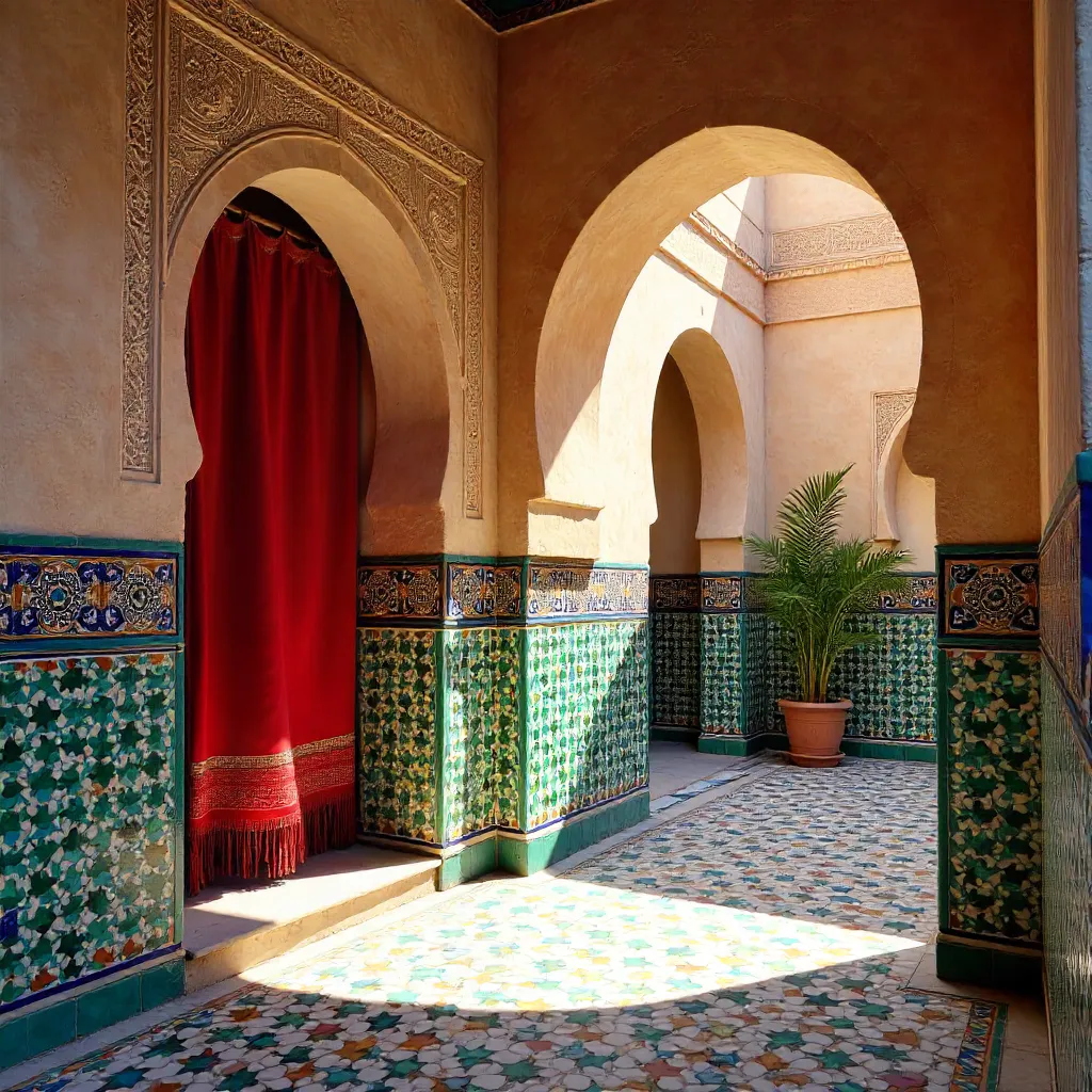 Colorful Zellij Tiles and Red Curtain in Fez