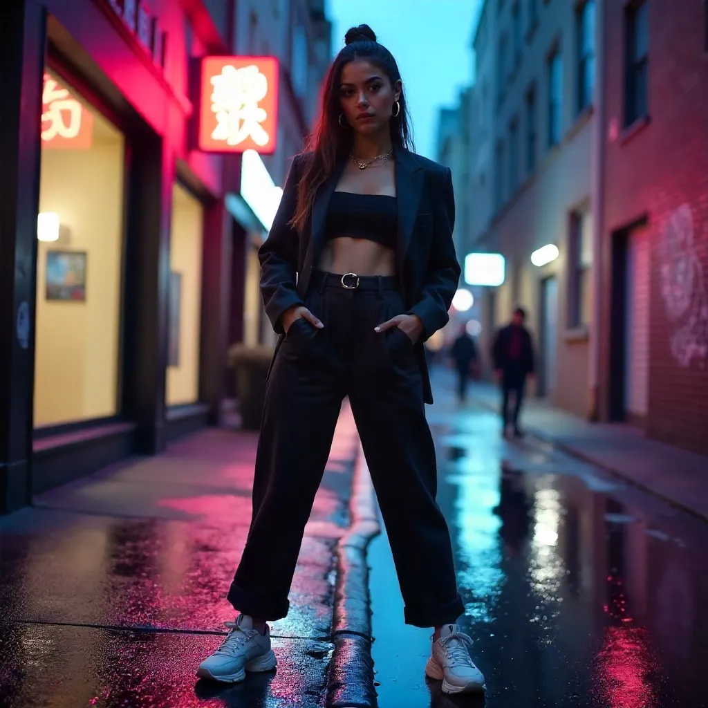 Confident Stylish Young Adult in Neon City Street