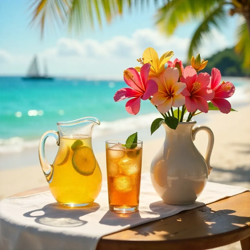 Beachside Table with Refreshing Beverages and Flowers