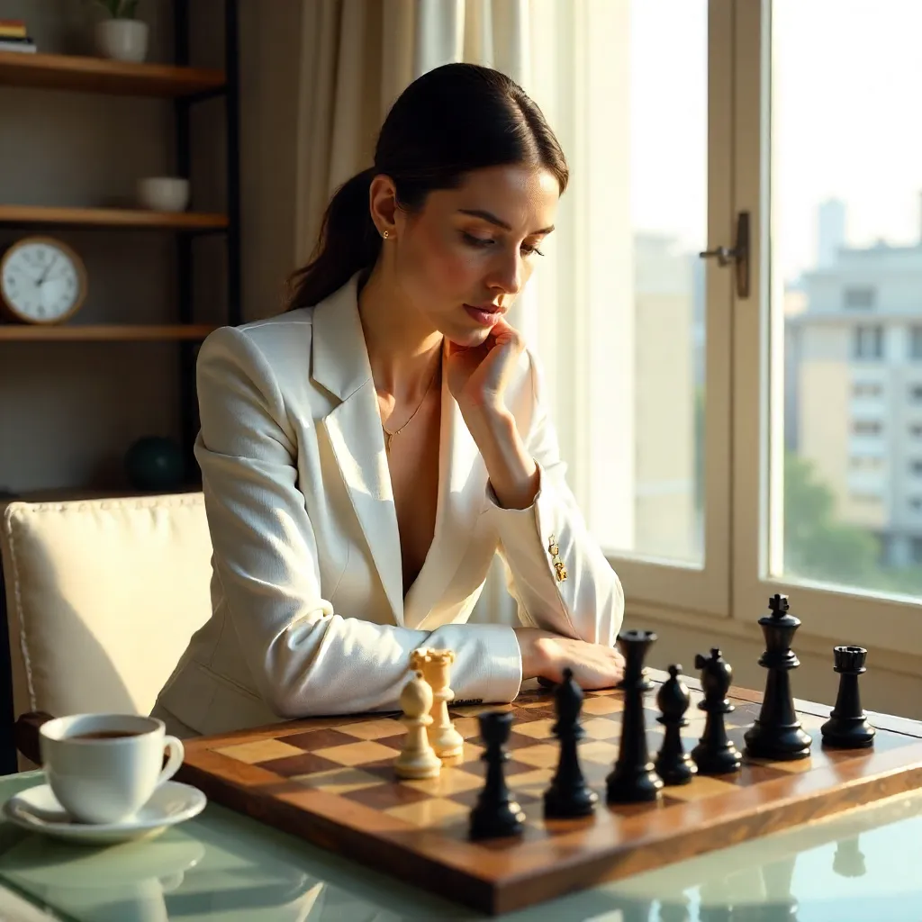 White Suit Strategist at the Chessboard