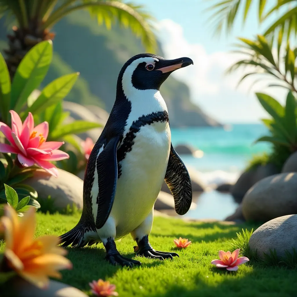 Sunny Humboldt Penguin in a Lush Garden