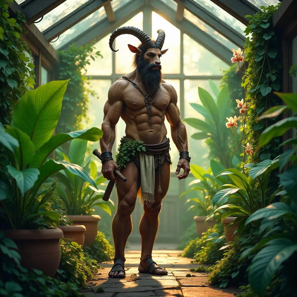 Photoreal Satyr in a Sunlit Greenhouse