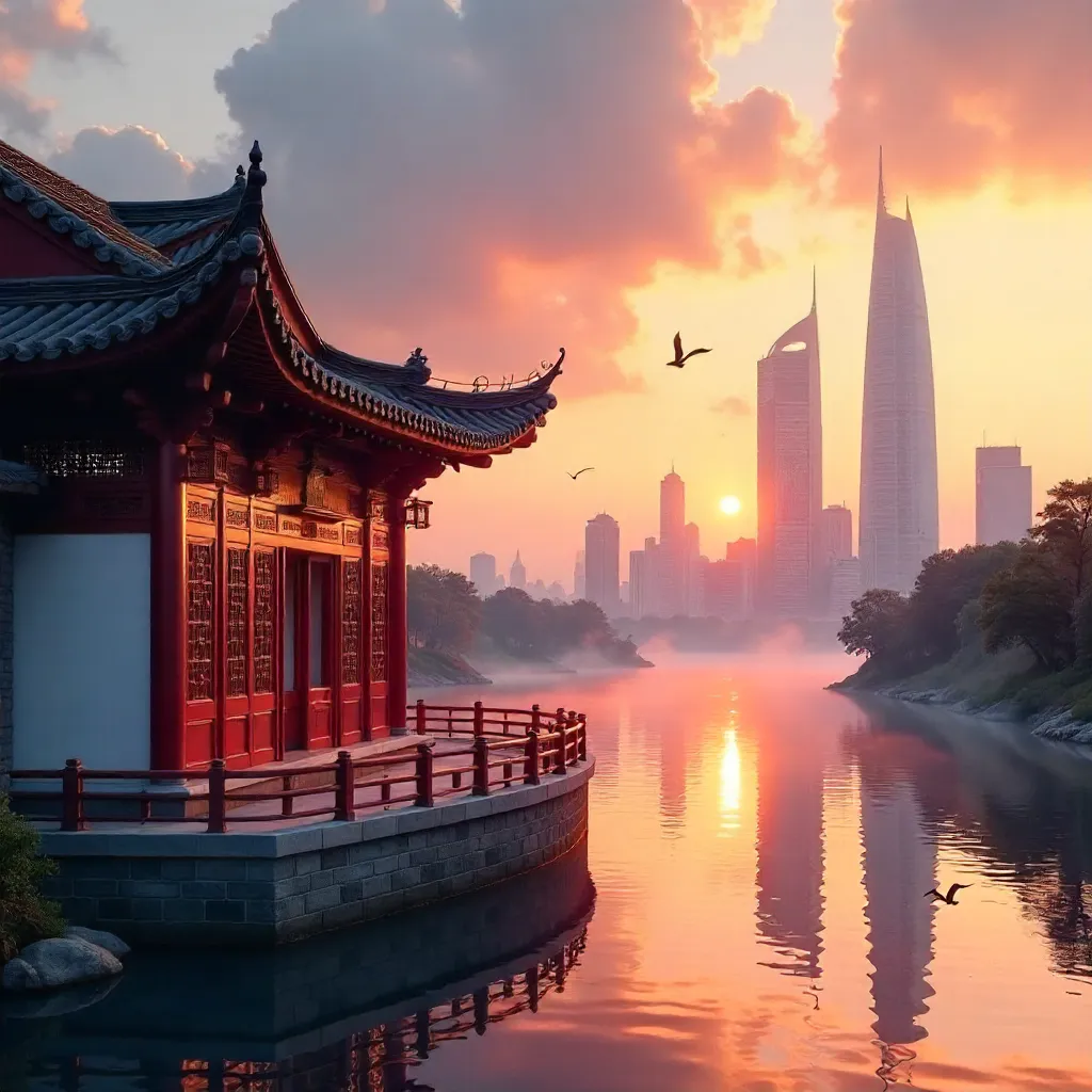 Sunset Duel: Ancient Chinese Roofs vs Modern Skyscrapers