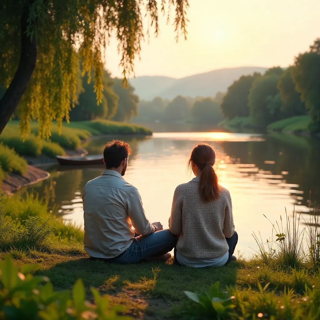 Two Figures by a Serene River at Golden Hour