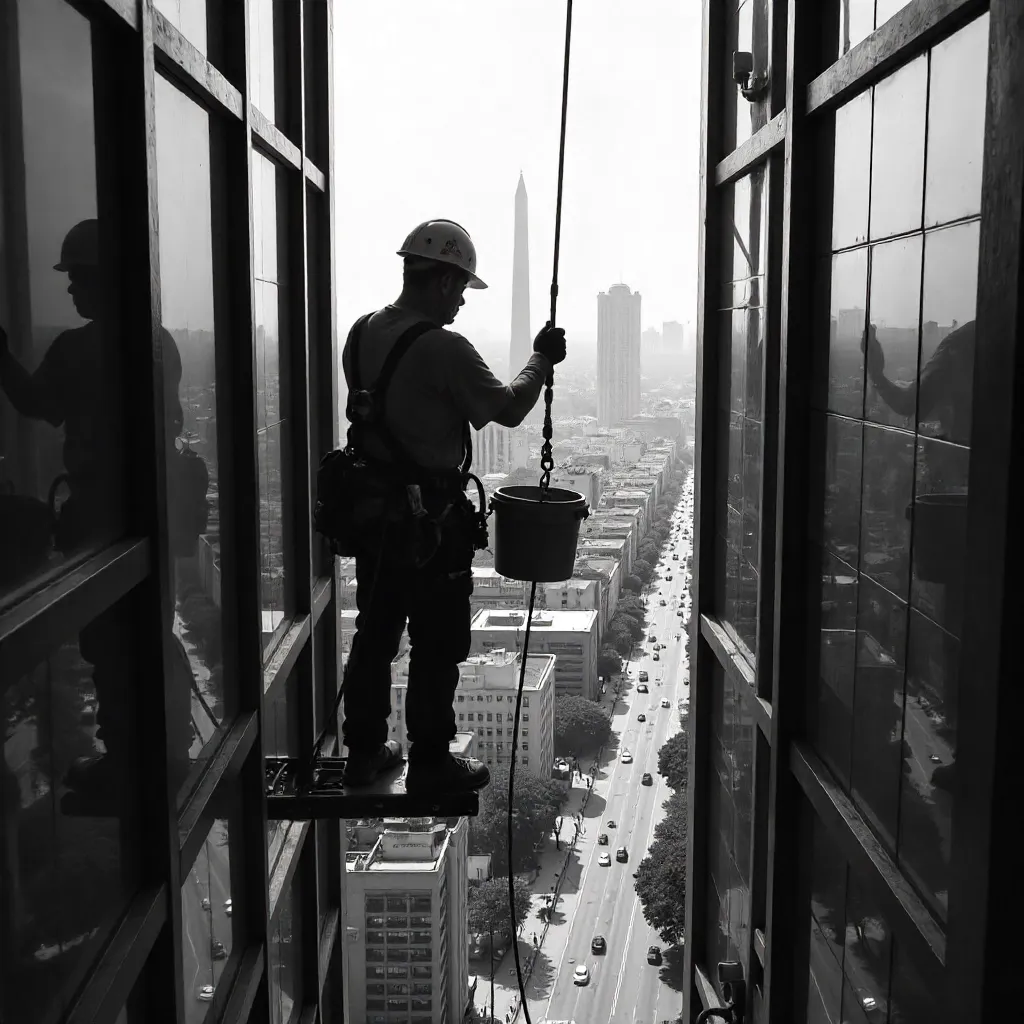 Monochrome Window Cleaner over Buenos Aires Skyline