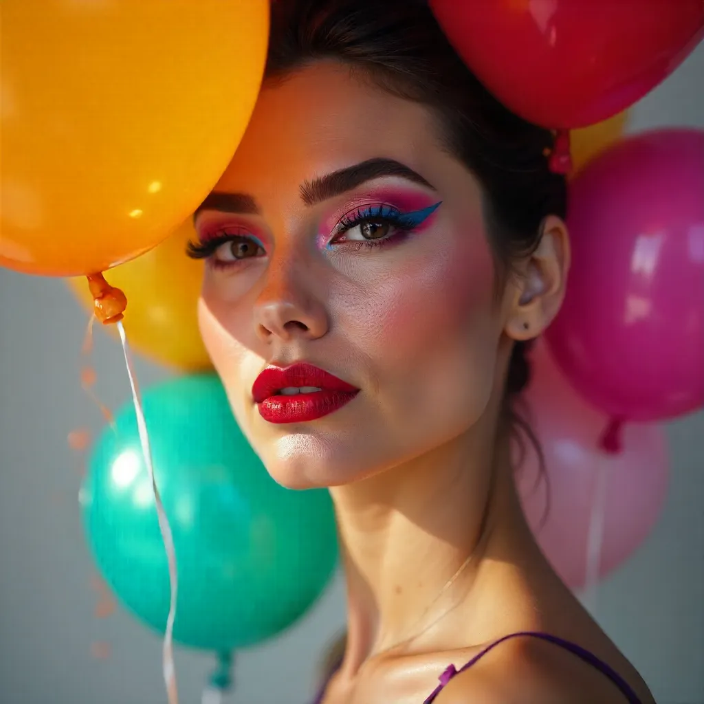Bold Makeup Portrait with Colorful Balloons