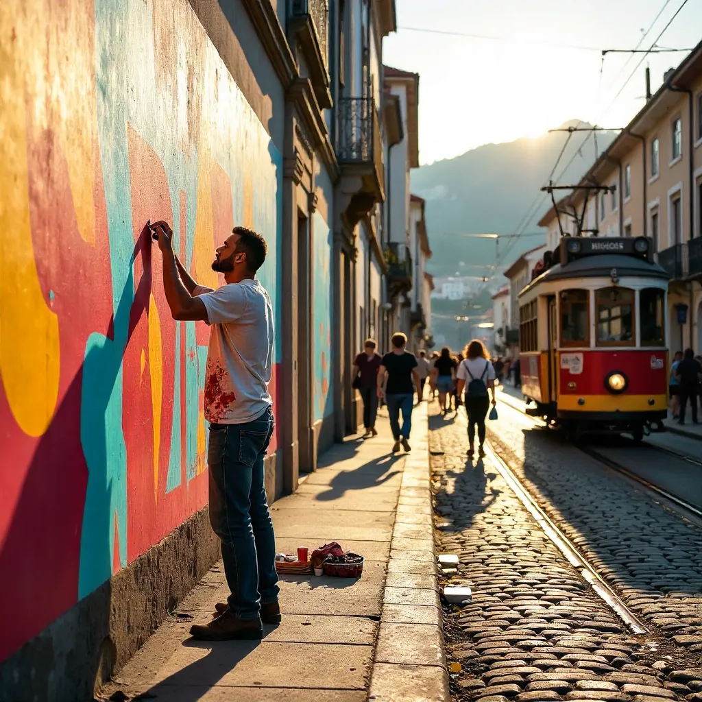 Porto Street Artist on a Bustling Baixa Street