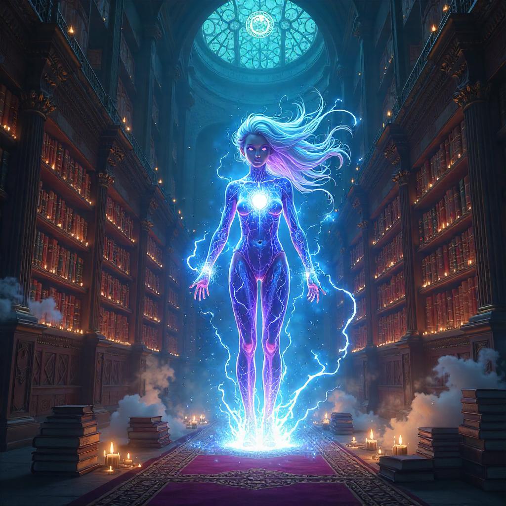 Radiant Energy Being in Enchanted Anime Library