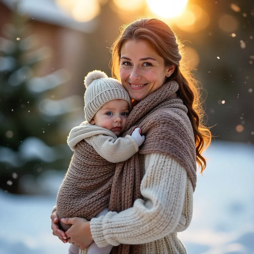 Winter Serene Embrace: Mother and Baby in a Sling