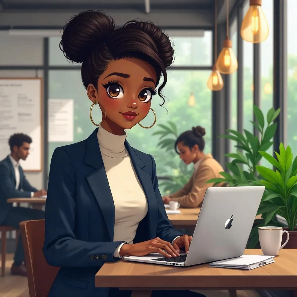 Elegant Black Girl in Anime Style at a Coworking Space