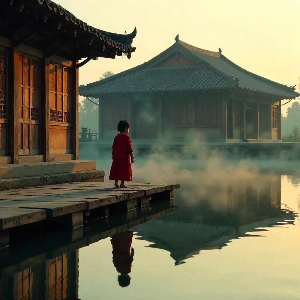 Red-Clad Child by Reflected Wooden Building