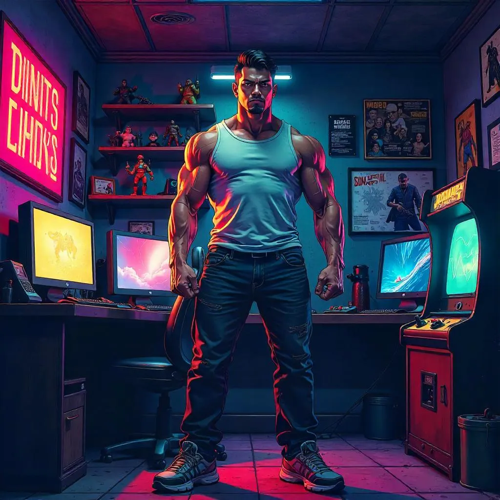 Strong Asian Hero in a Neon Man Cave