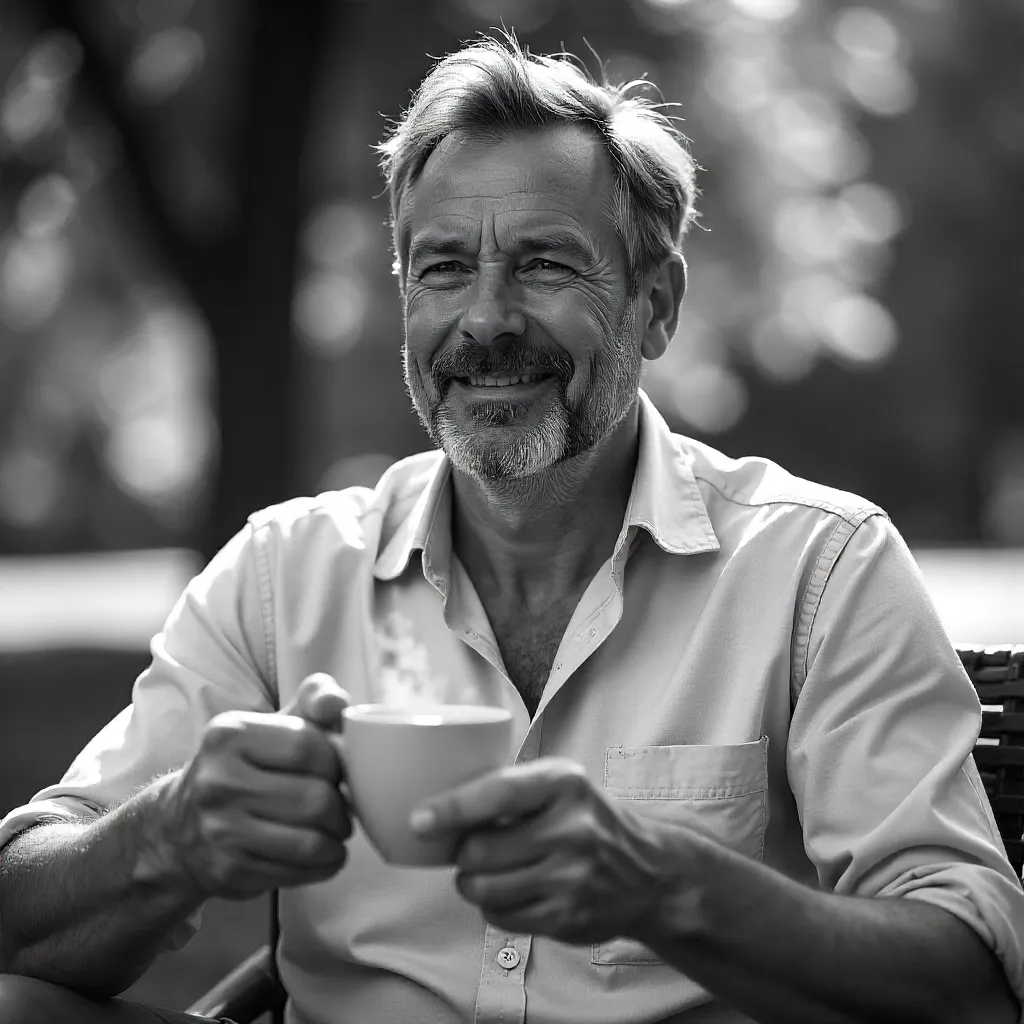 Relaxed Black-and-White Outdoor Coffee Portrait