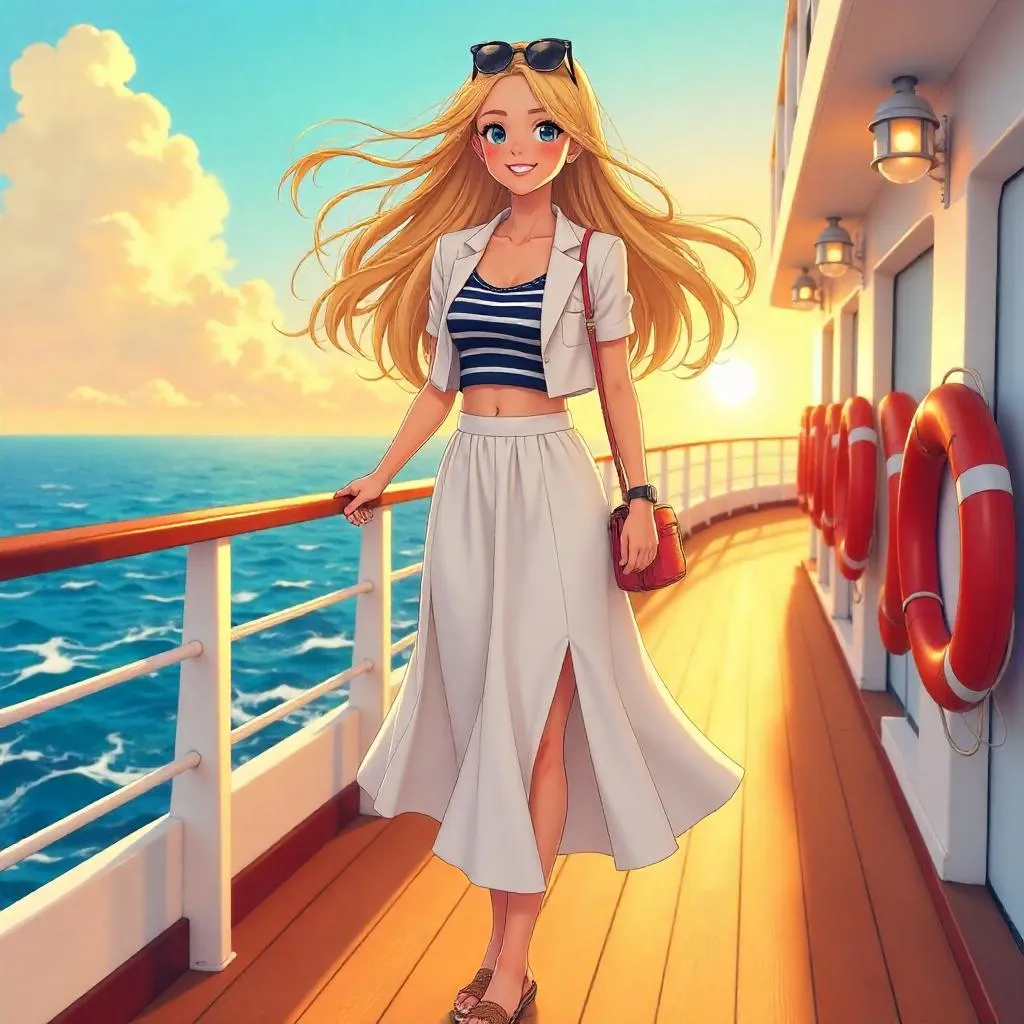 Stylish White Girl on a Cruise Ship in Anime Style
