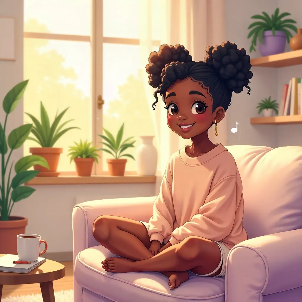 Cheerful Black Girl in a Cozy Anime Home