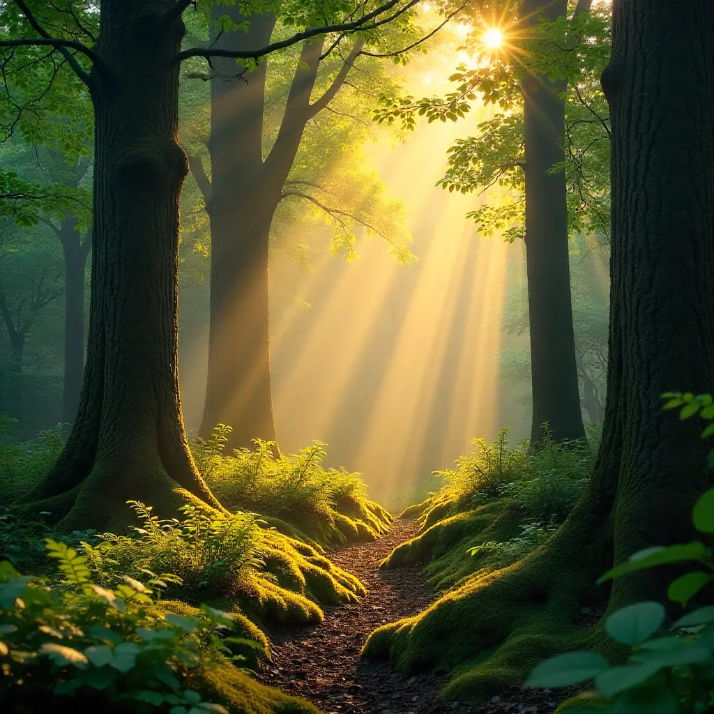Golden Hour Tranquility in a Tall Tree Forest