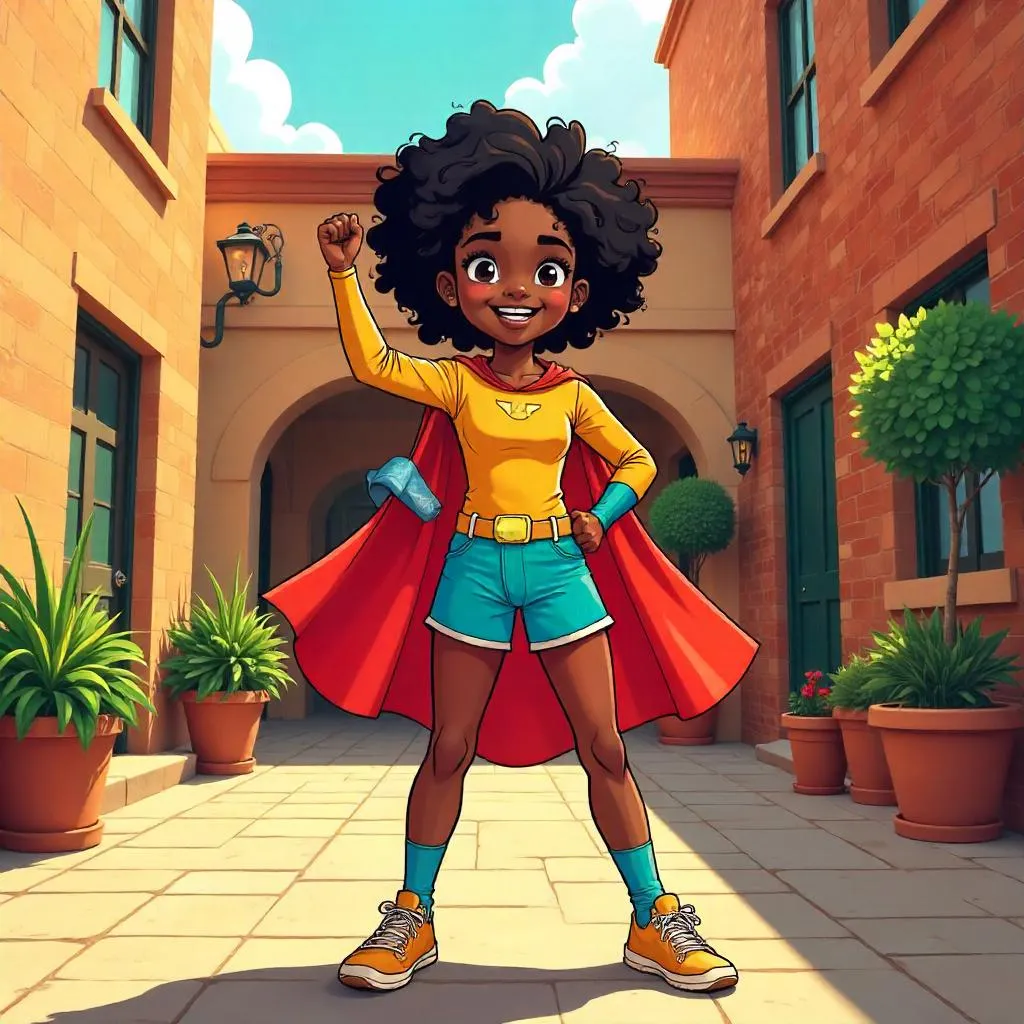 Cheerful Black Girl in a Courtyard, Comic Style