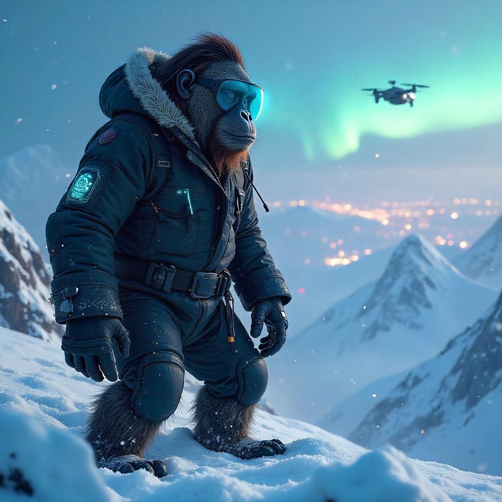 Neon Snow Summit: Cyberpunk Orangutan