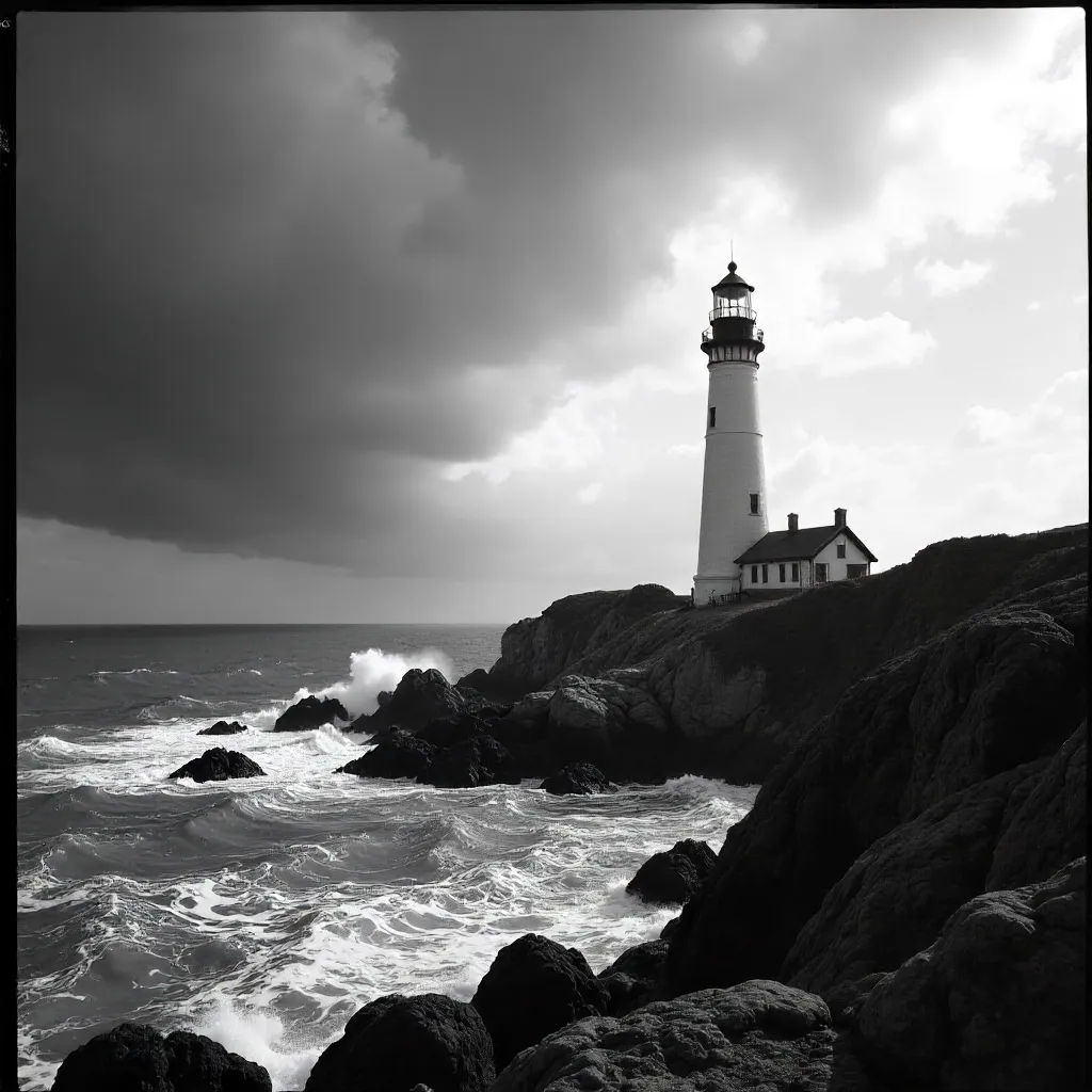 Lone Lighthouse Beneath Storm Clouds in Black and White