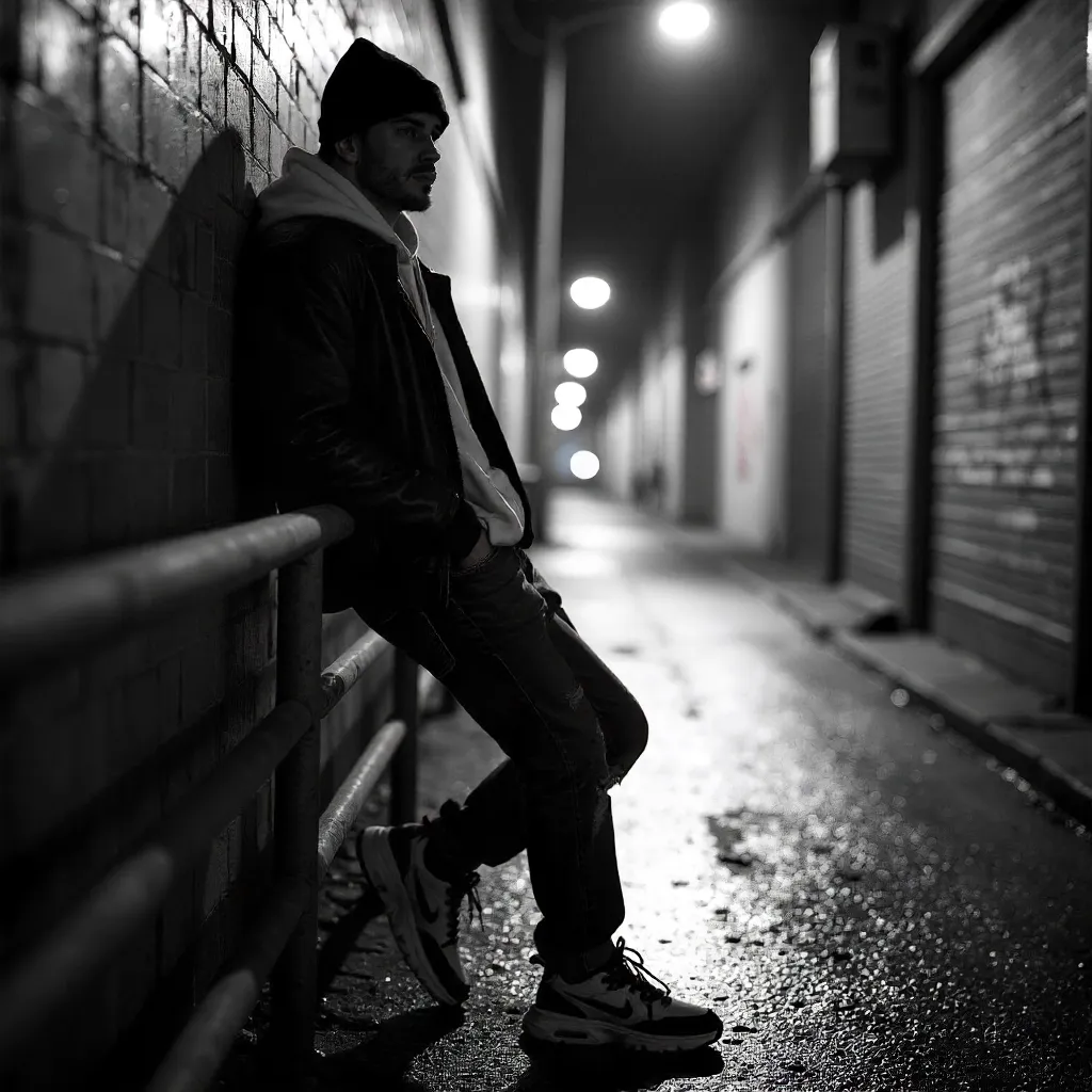Moody Black-and-White Street Portrait on a Railing