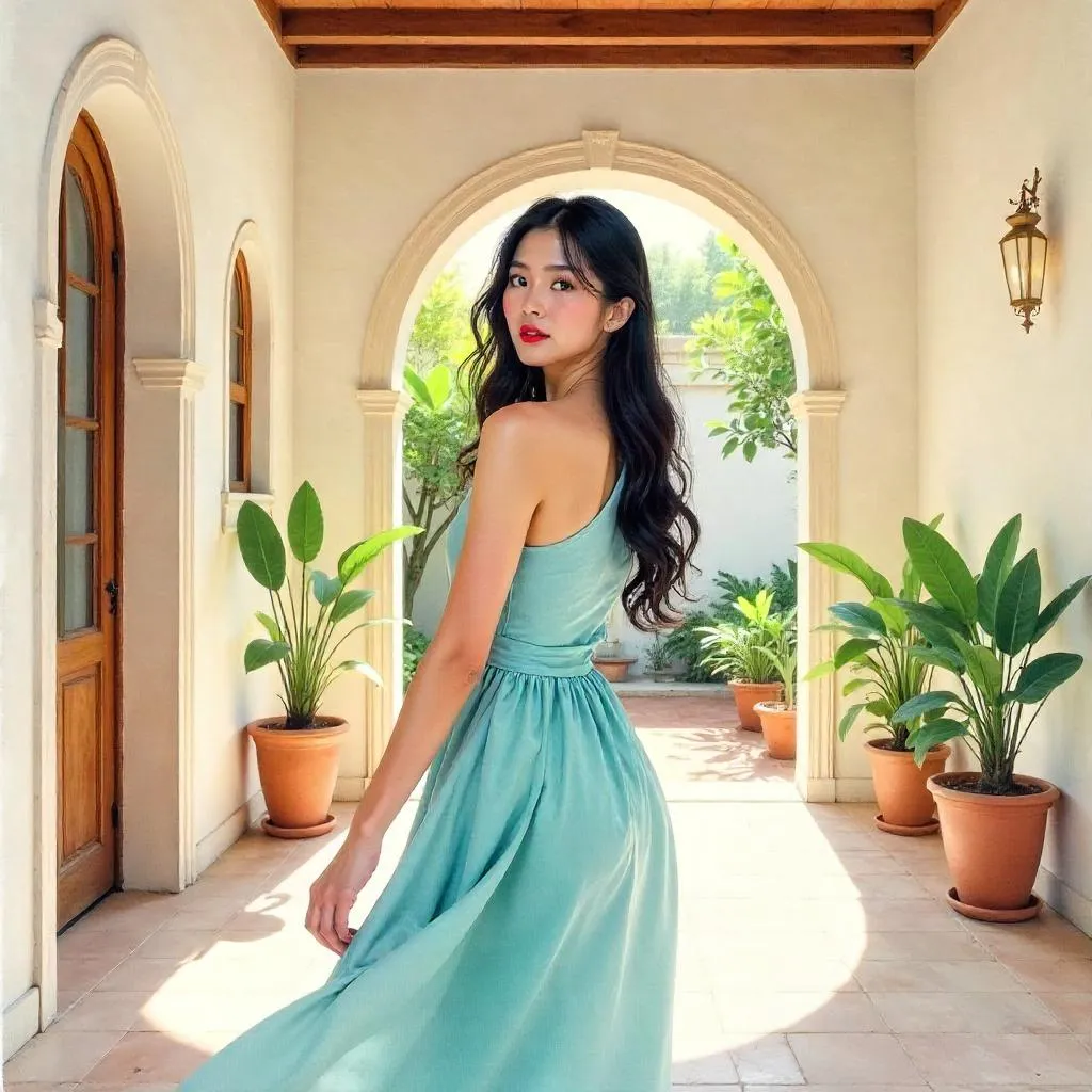 Watercolor Portrait of a Beautiful Asian Woman in a Villa