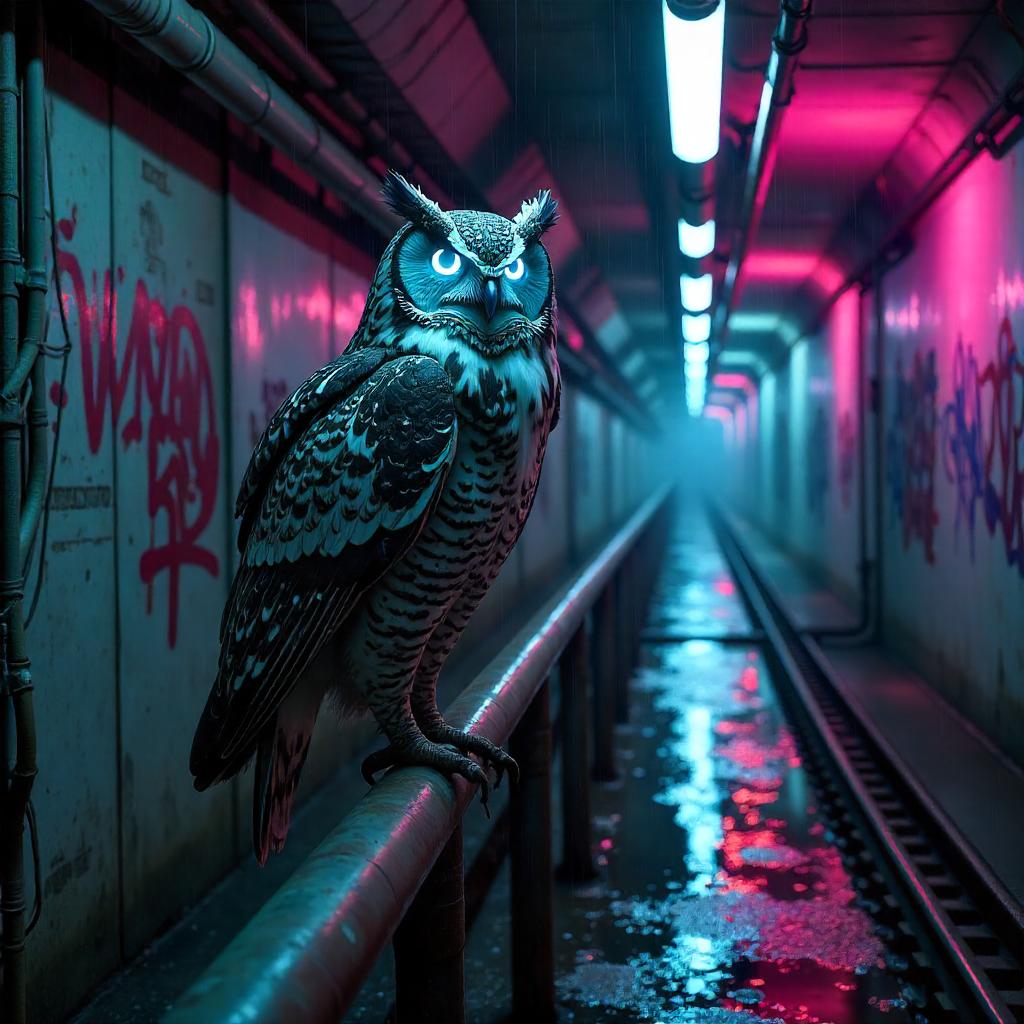 Neon-Feathered Owl in Cyberpunk Underground Tunnels