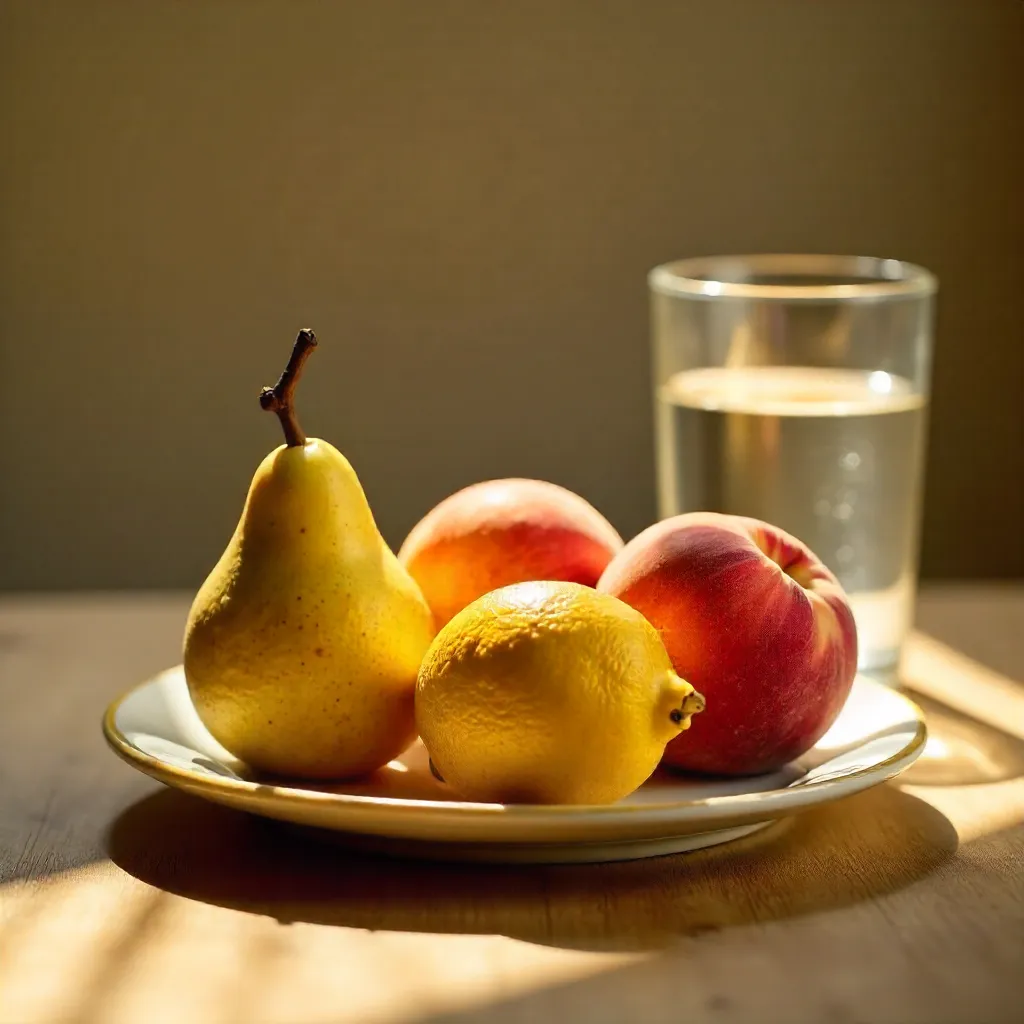 Sunlit Peaches, Pear, and Lemon: Aesthetic Still Life