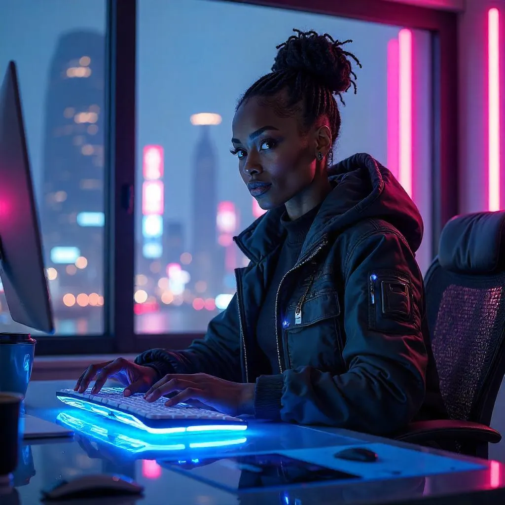 Neon Cyberpunk Workspace Portrait