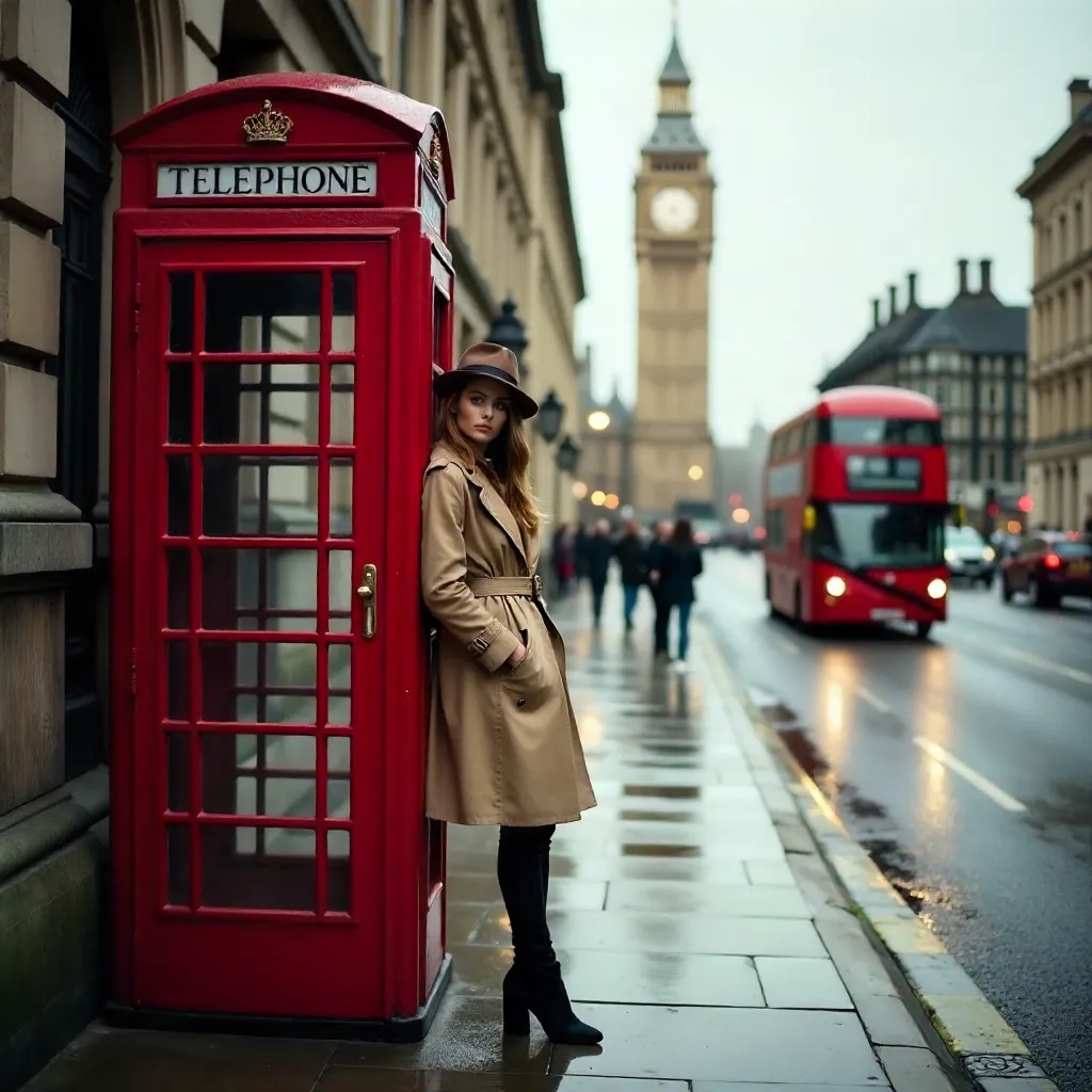 London Red Telephone Booth: Woman in the Rain