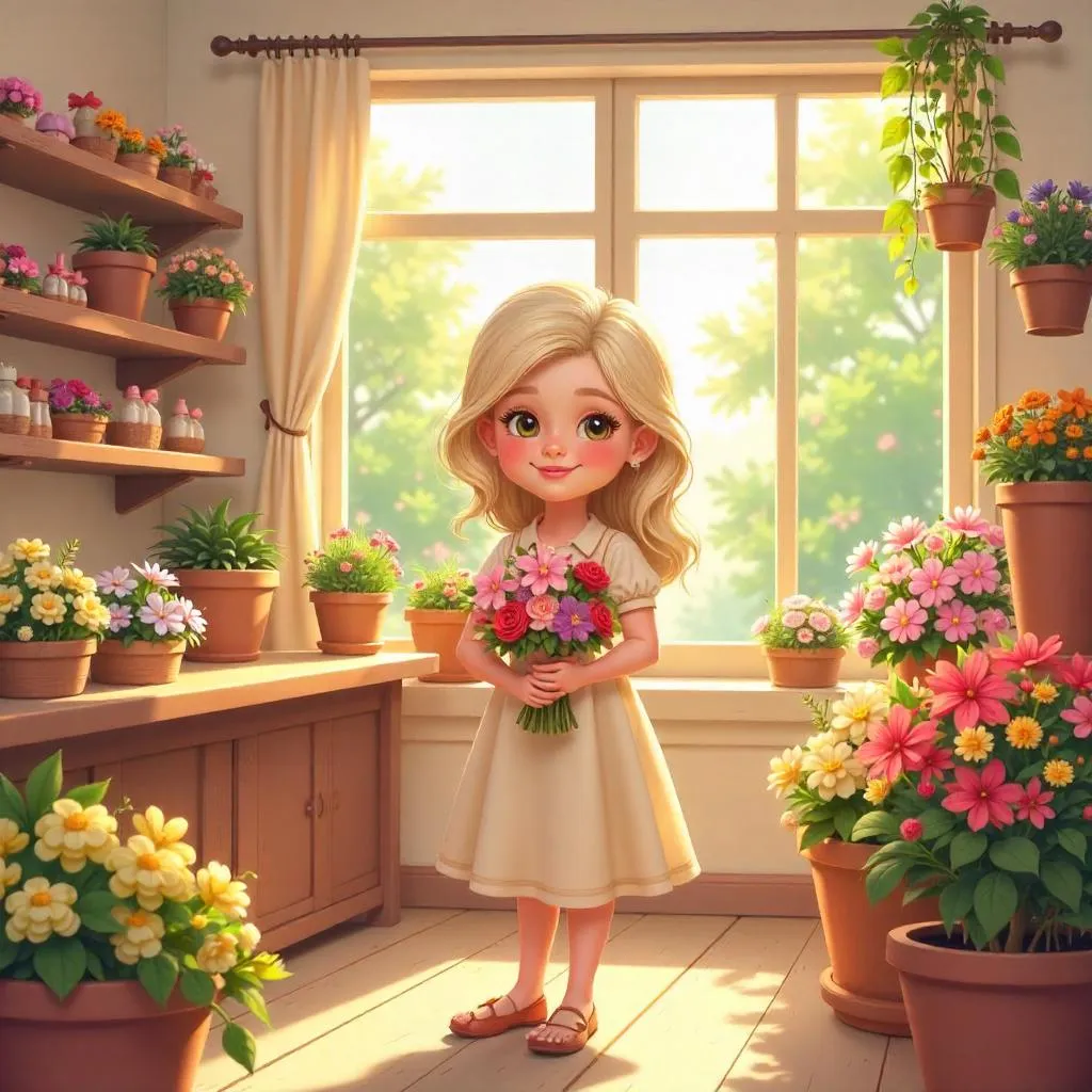 Cartoon Flower Shop Portrait of a White Woman