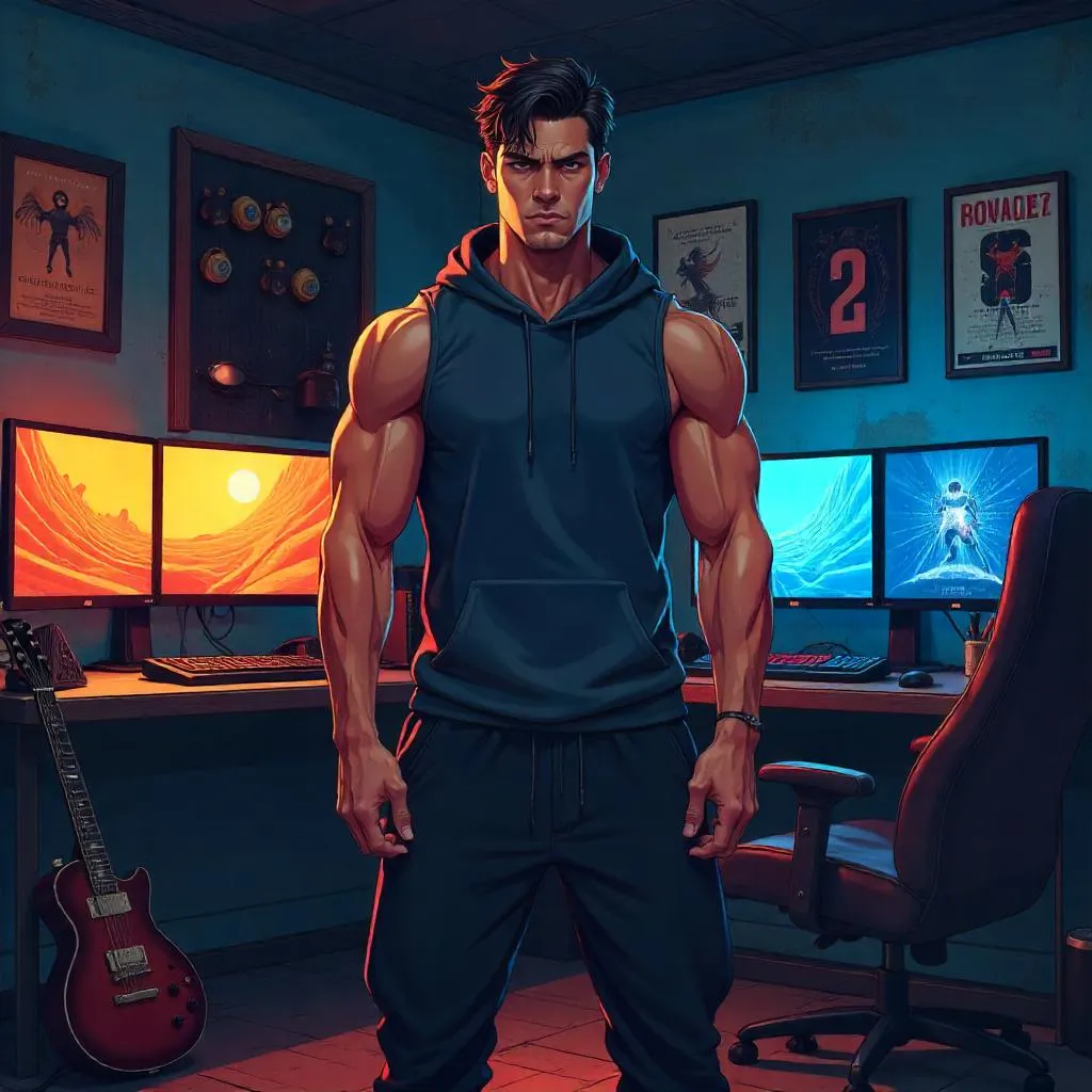 Athletic Latino Man in Anime Man Cave
