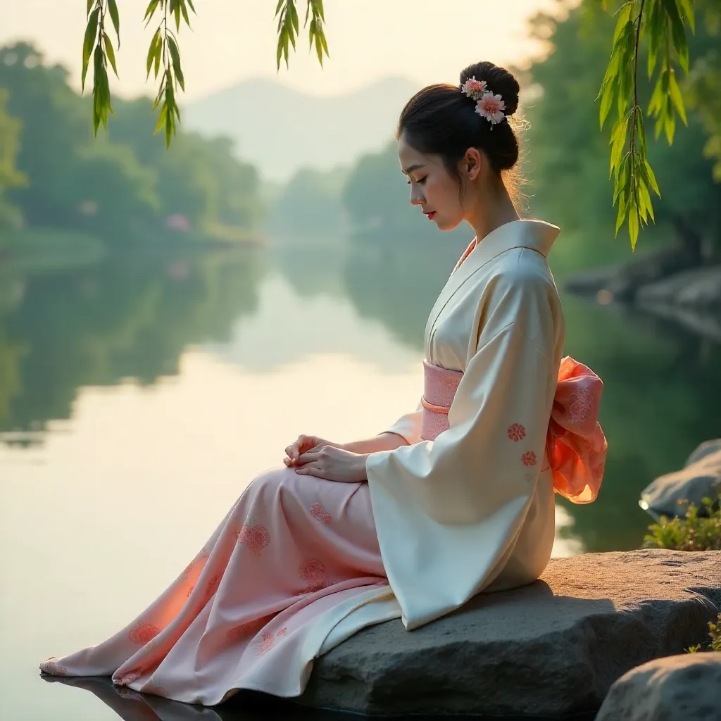 Serene Riverside Elegance in a Kimono