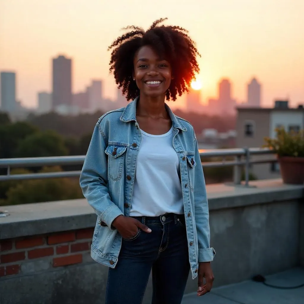 Cheerful Black Girl on a Rooftop