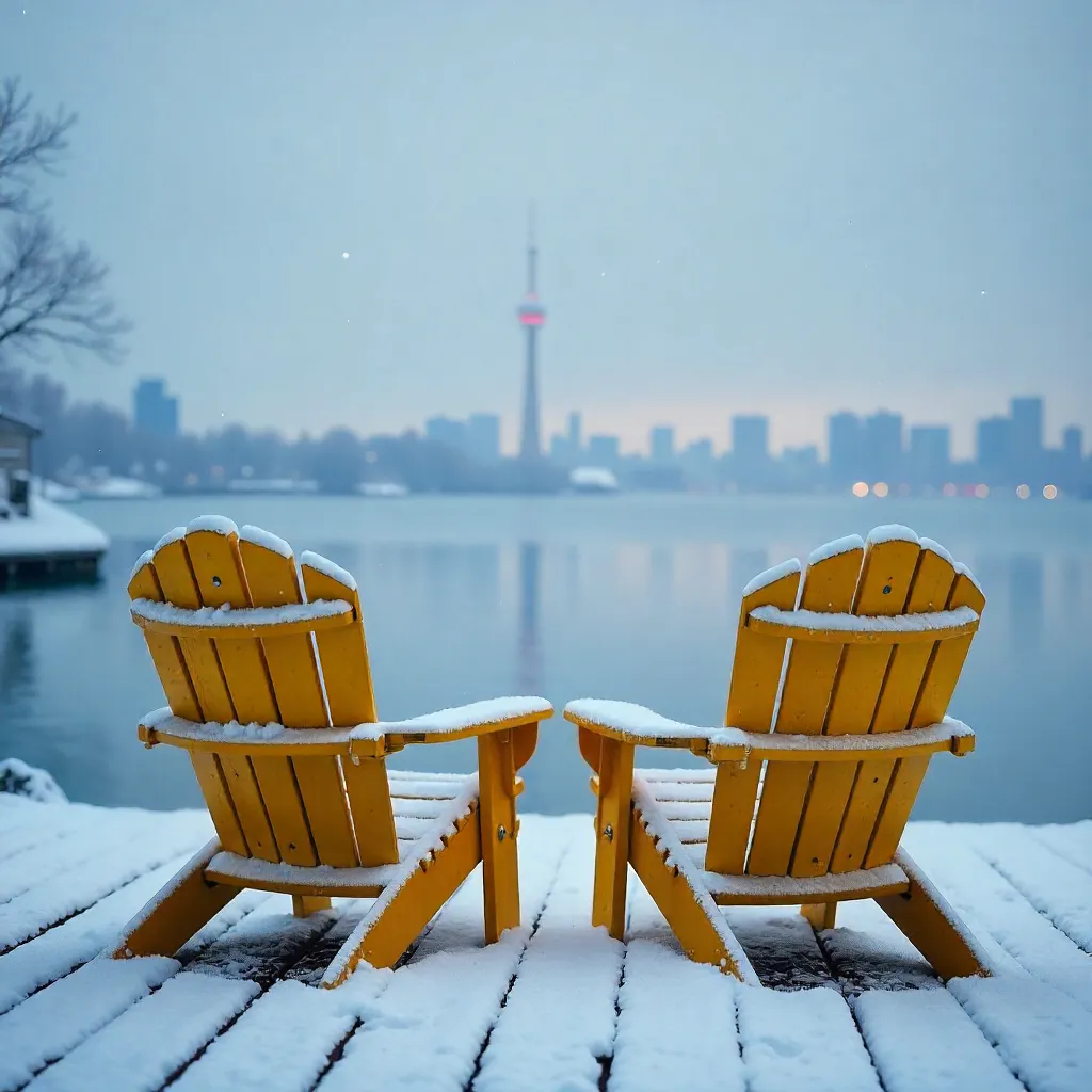 Snowy Yellow Muskoka Chairs Over Lake Ontario, Toronto