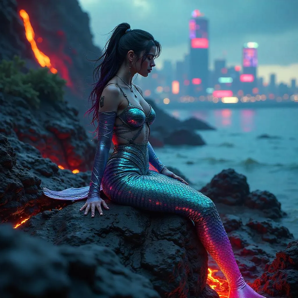 Neon Lava Mermaid on Volcanic Rocks
