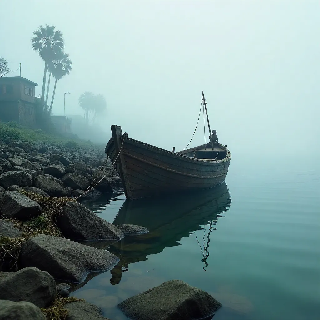 Lone Boat Anchored in Foggy Antonina Harbor