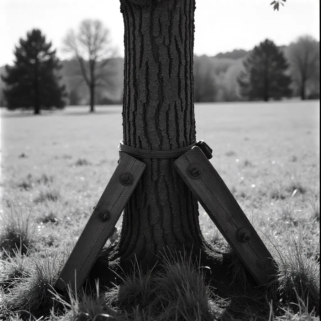 Monochrome Tree Brace in Outdoor Scene
